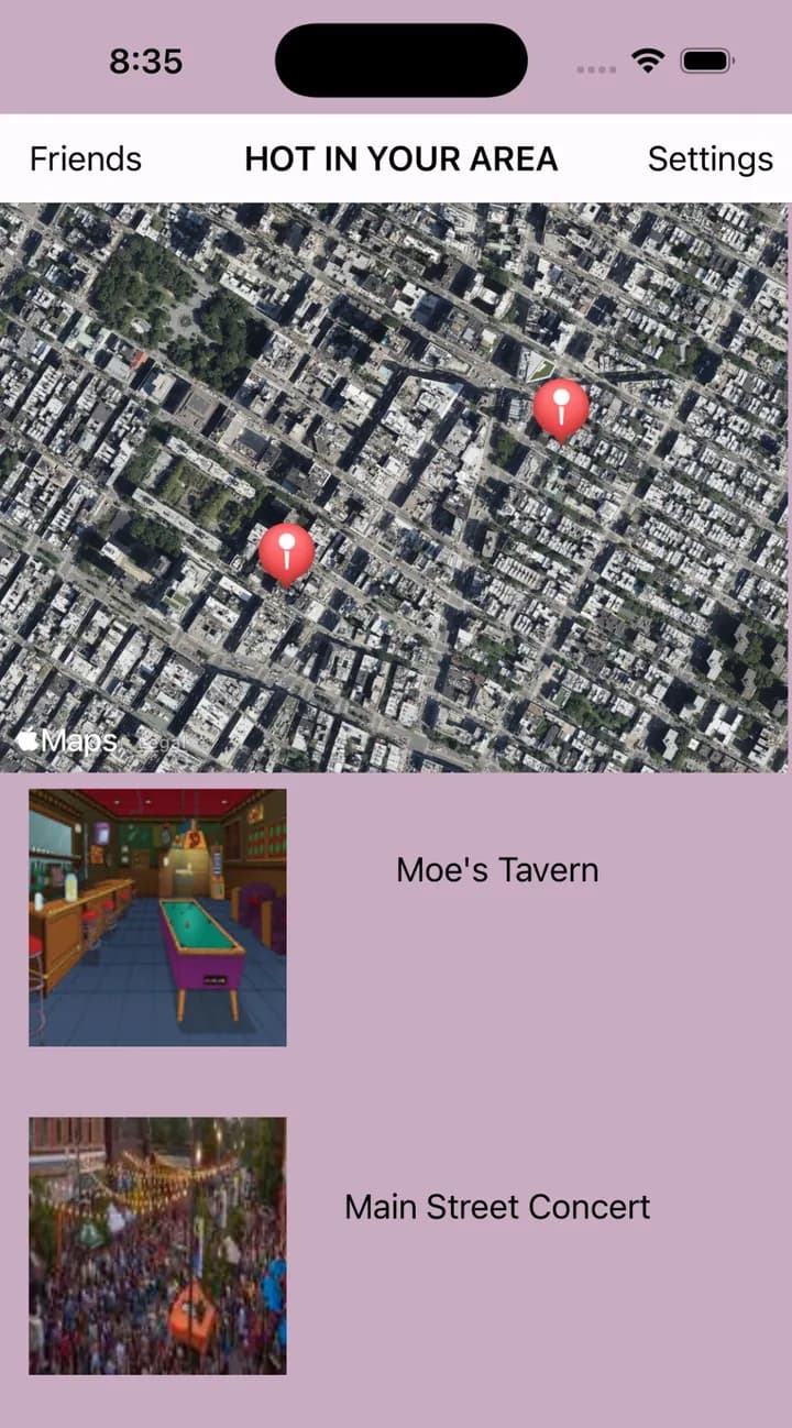Craic v1.1 home screen: Hot in your area map with Moe's Tavern and Main Street Concert