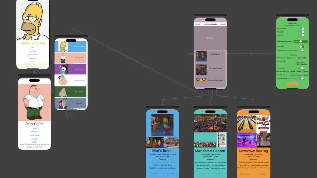 Craic v1.1 storyboard: friends list, profiles, venue pages and settings screens
